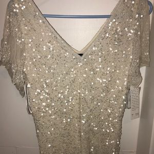 Adrianna Papell tan short sleeve sequin top